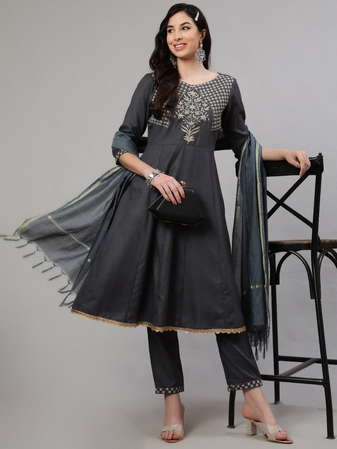 Grey Embroidered Anarkali Pant With Dupatta - Elganza