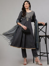 Grey Embroidered Anarkali Pant With Dupatta - Elganza