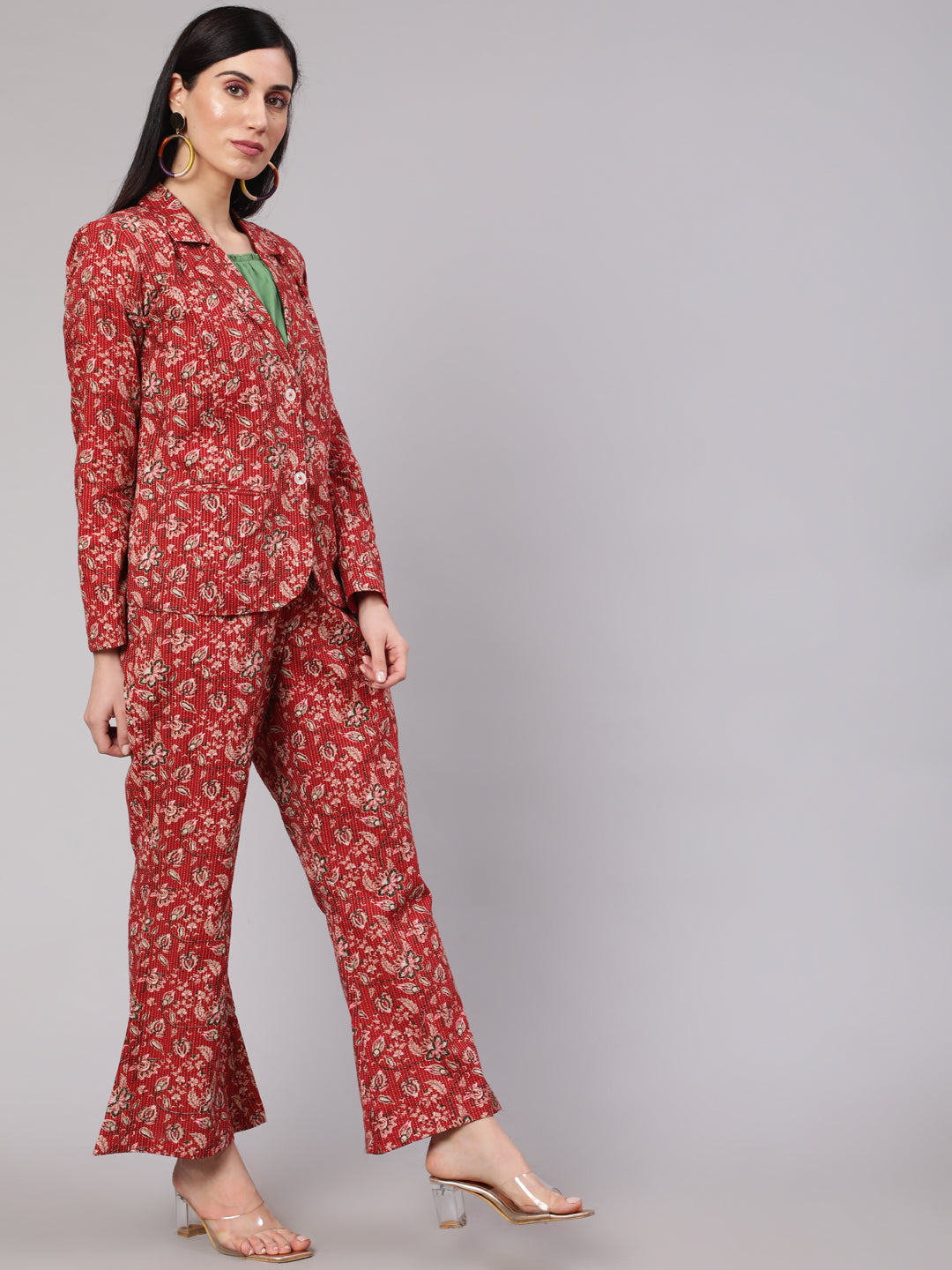 Red Floral Kantha Co Ord Set - Elganza