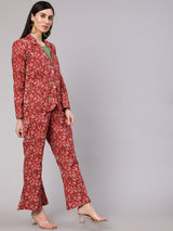 Red Floral Kantha Co Ord Set - Elganza