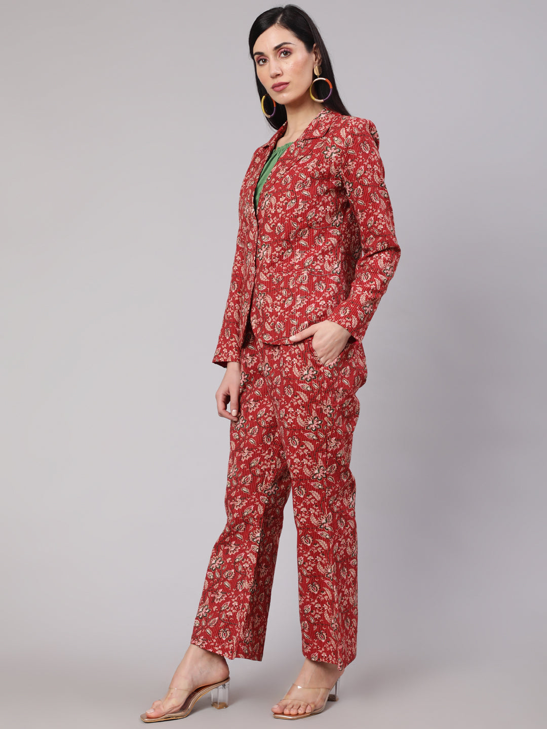 Red Floral Kantha Co Ord Set - Elganza