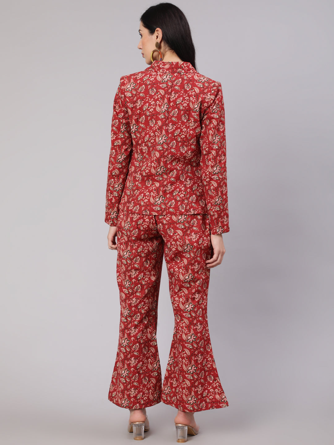 Red Floral Kantha Co Ord Set - Elganza
