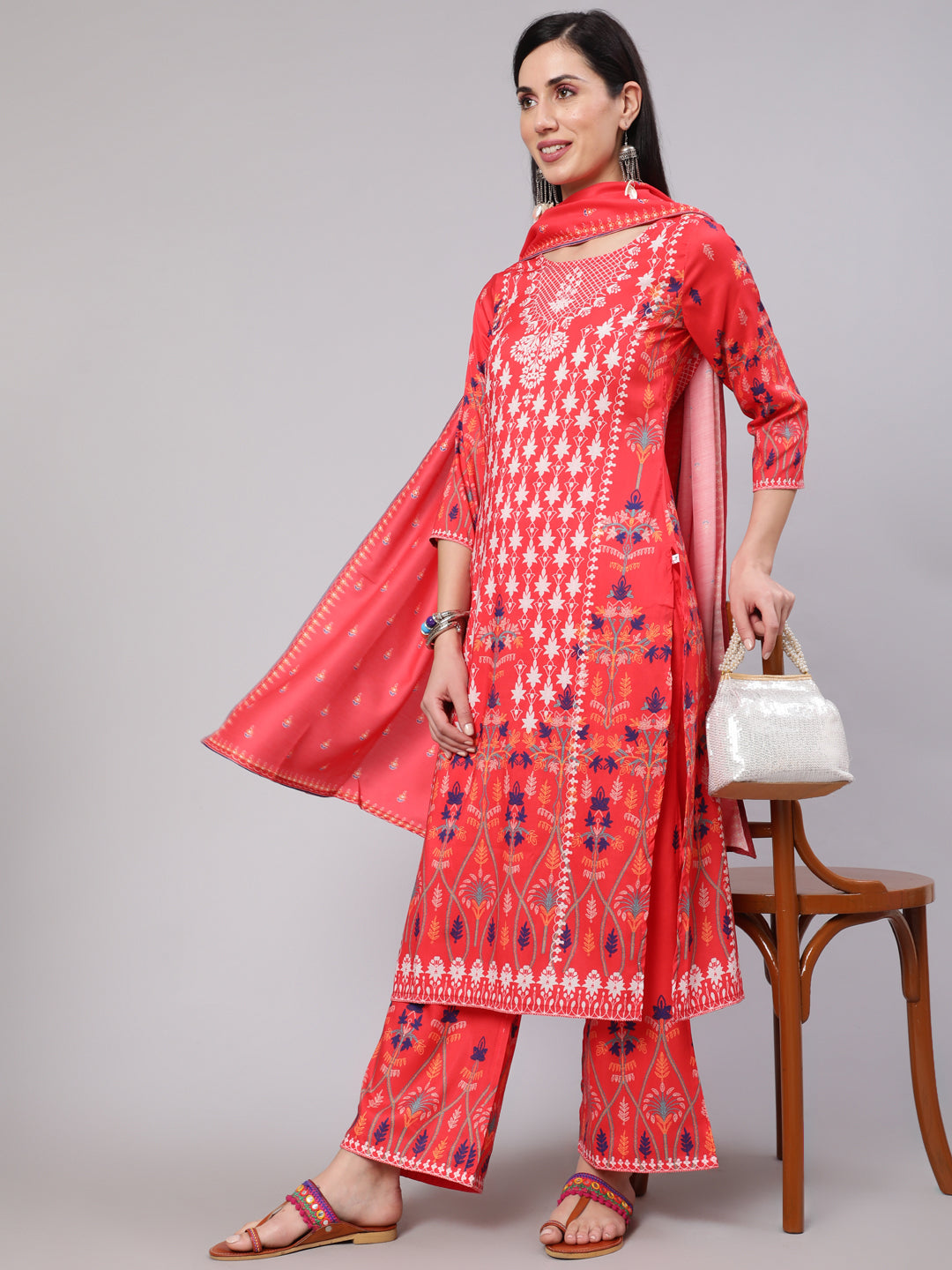 Red Digital Print Kurta Palazzo With Dupatta - Elganza