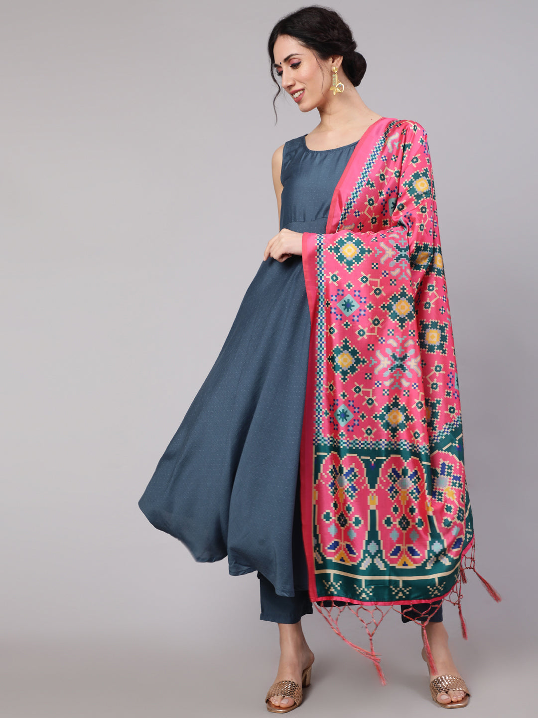 Blue Butti Work Anarkali Palazzo With Dupatta - Elganza