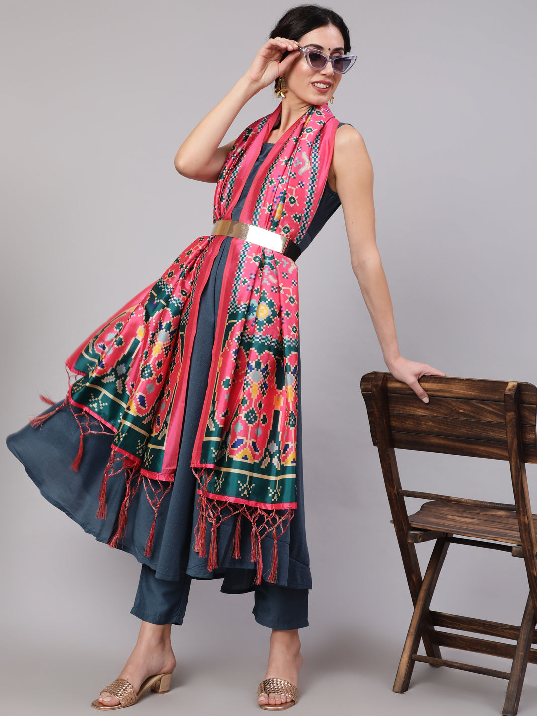 Blue Butti Work Anarkali Palazzo With Dupatta - Elganza