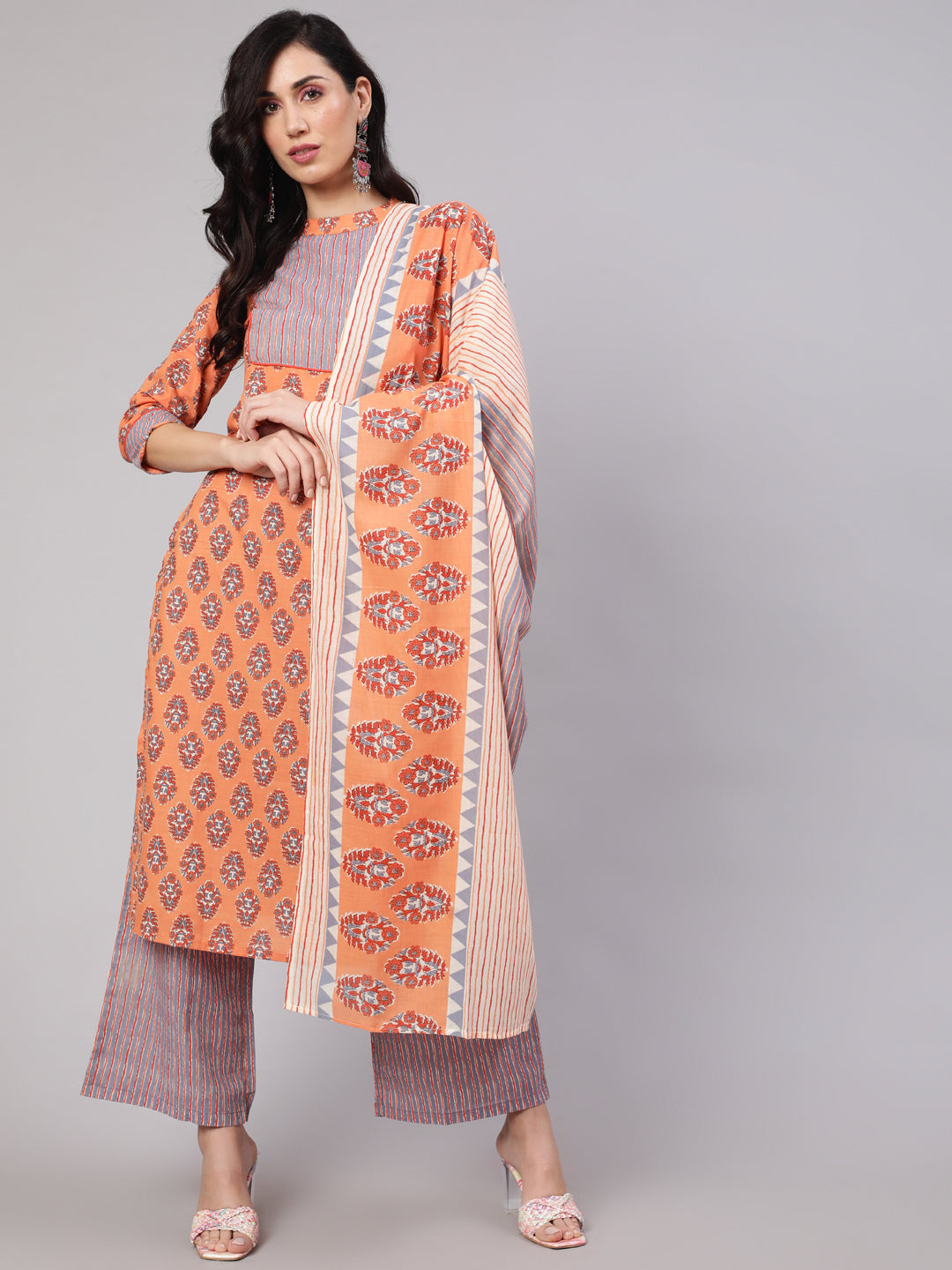 Peach Printed Kurta Palazzo With Dupatta - Elganza