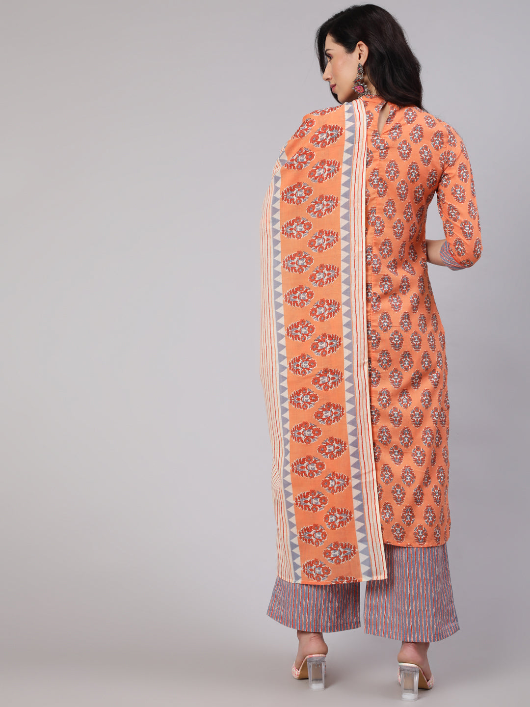 Peach Printed Kurta Palazzo With Dupatta - Elganza