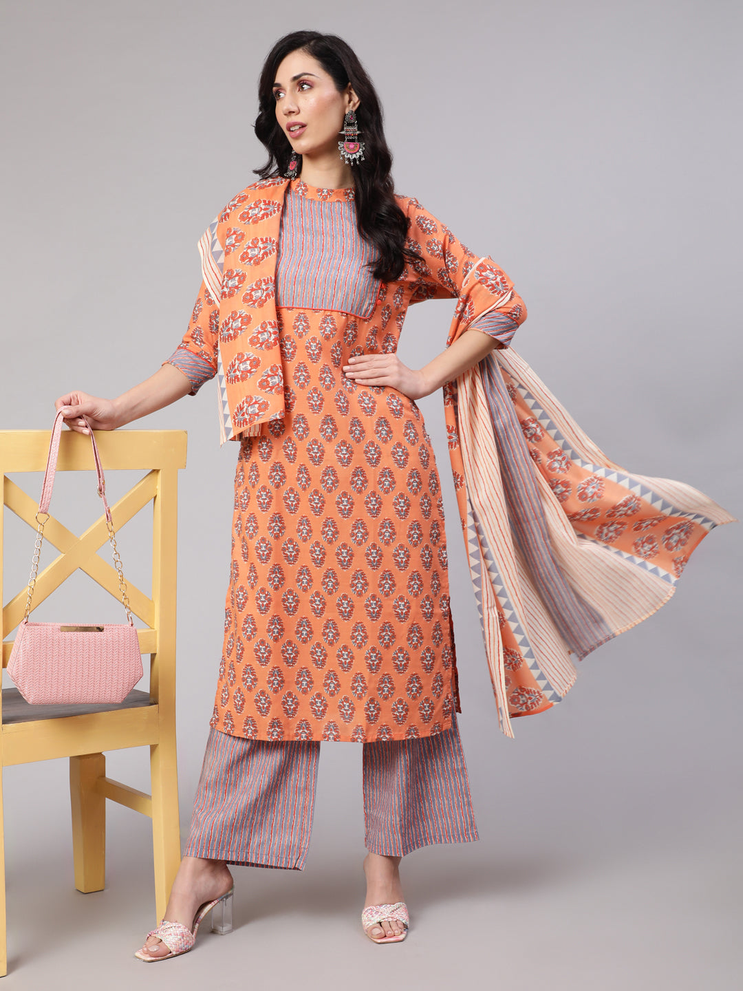 Peach Printed Kurta Palazzo With Dupatta - Elganza