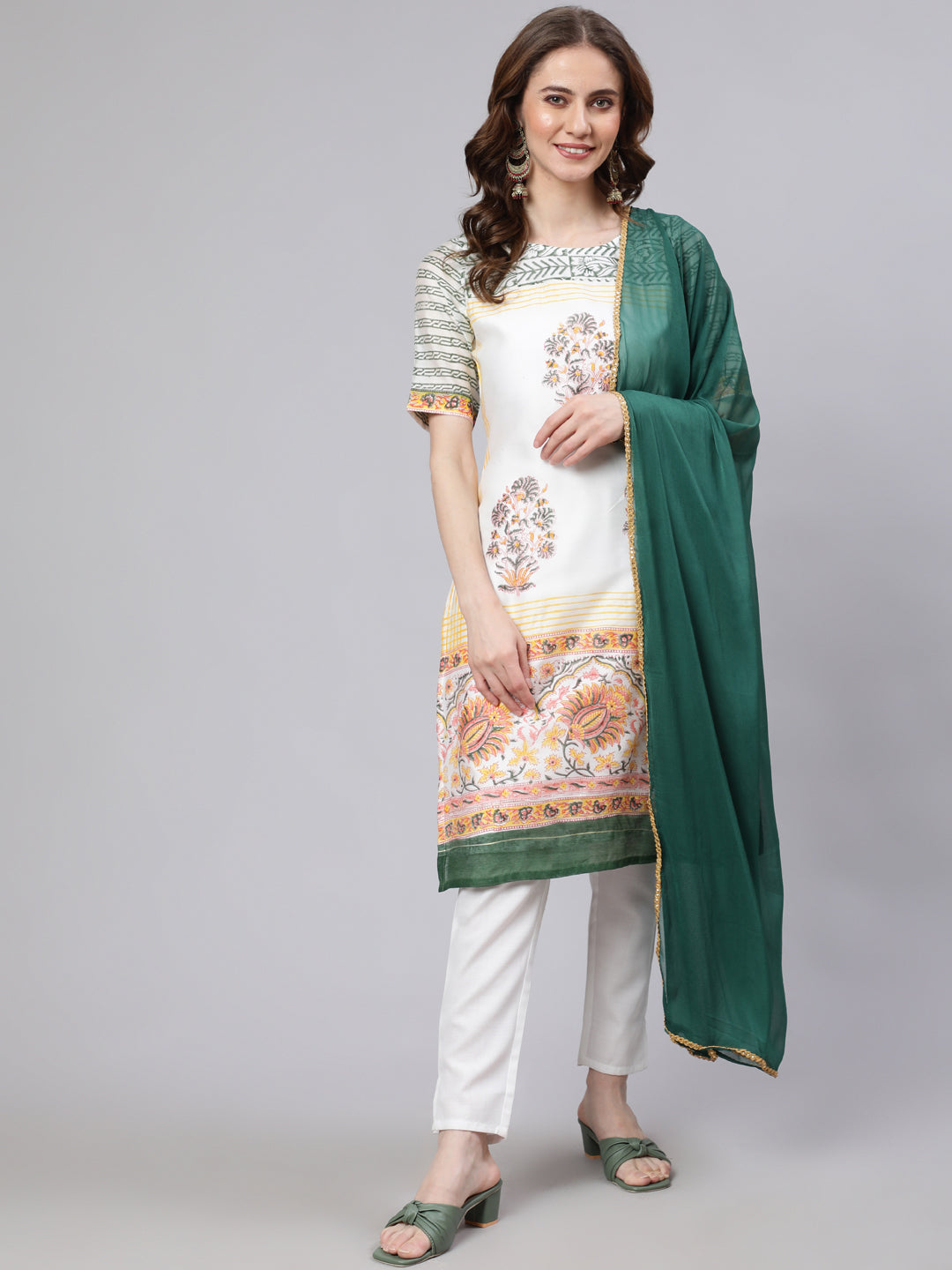White Block Printed Kurta Set - Elganza