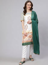 White Block Printed Kurta Set - Elganza