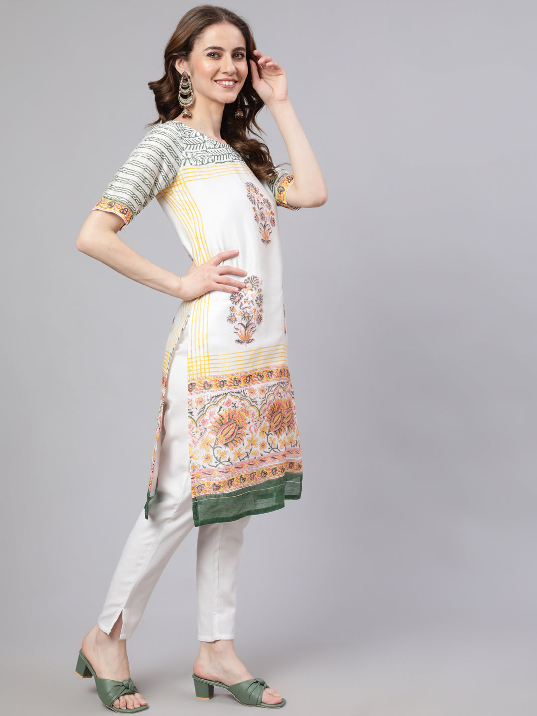 White Block Printed Kurta Set - Elganza