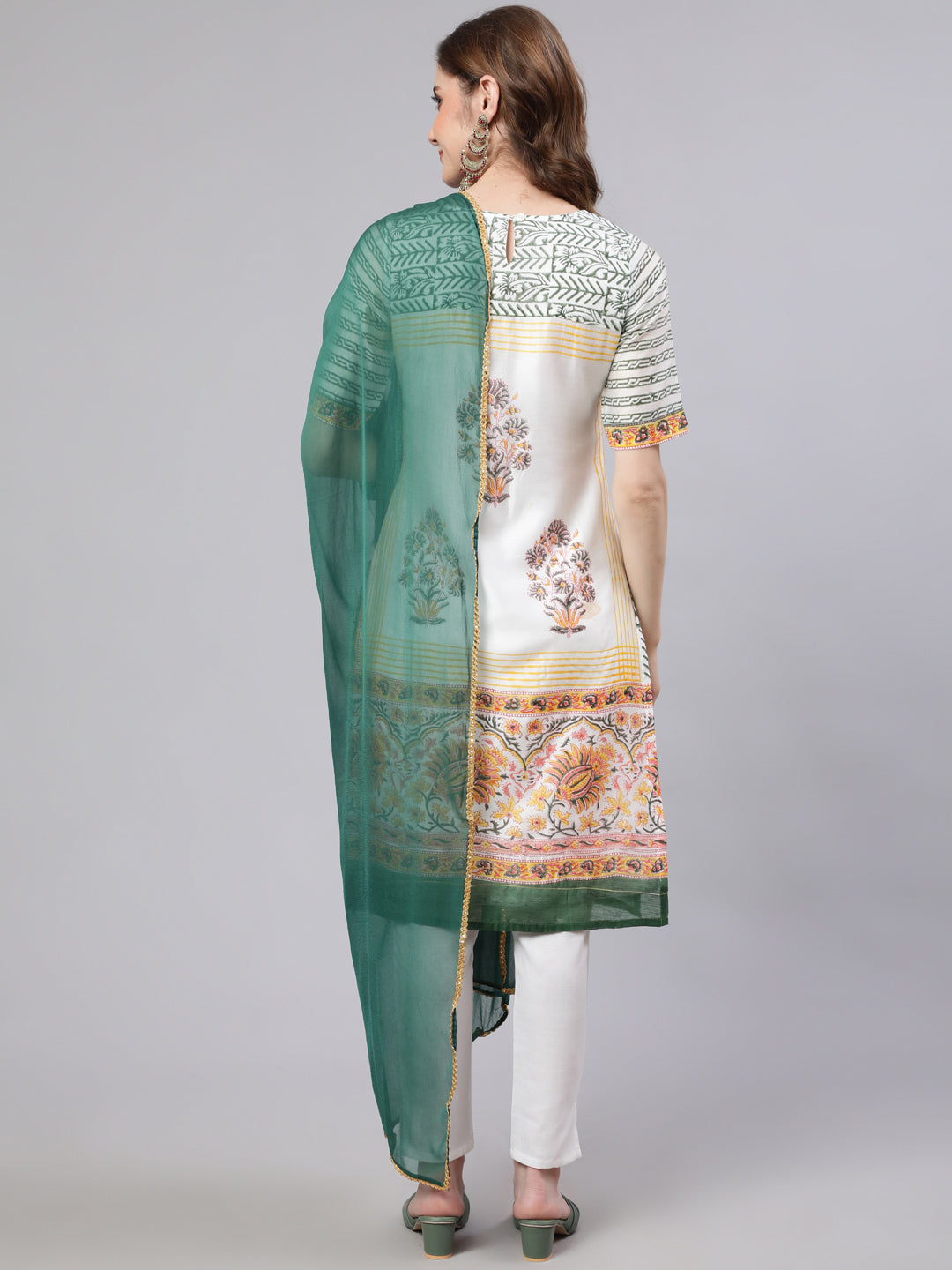 White Block Printed Kurta Set - Elganza
