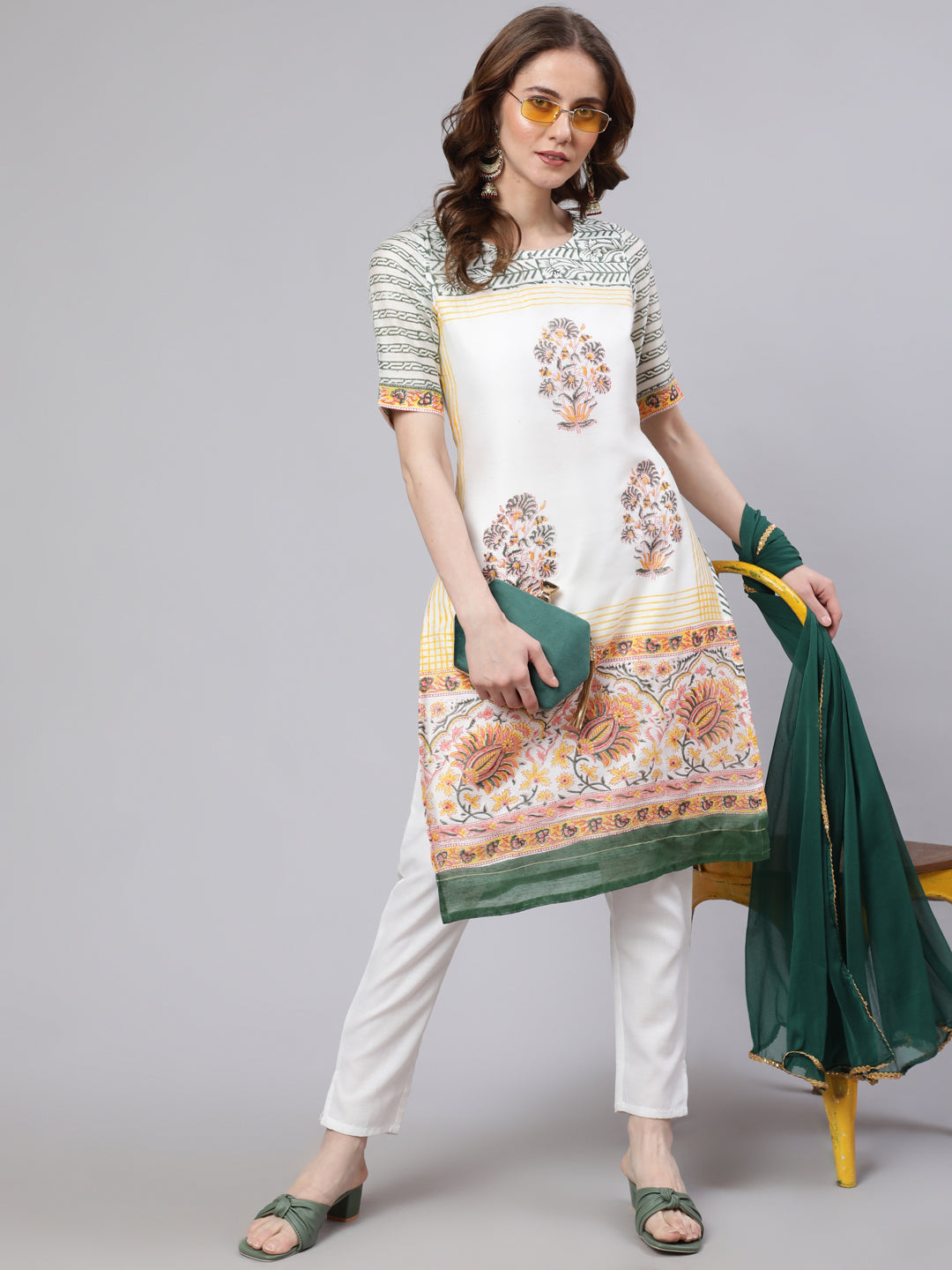 White Block Printed Kurta Set - Elganza