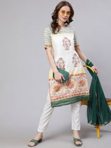 White Block Printed Kurta Set - Elganza