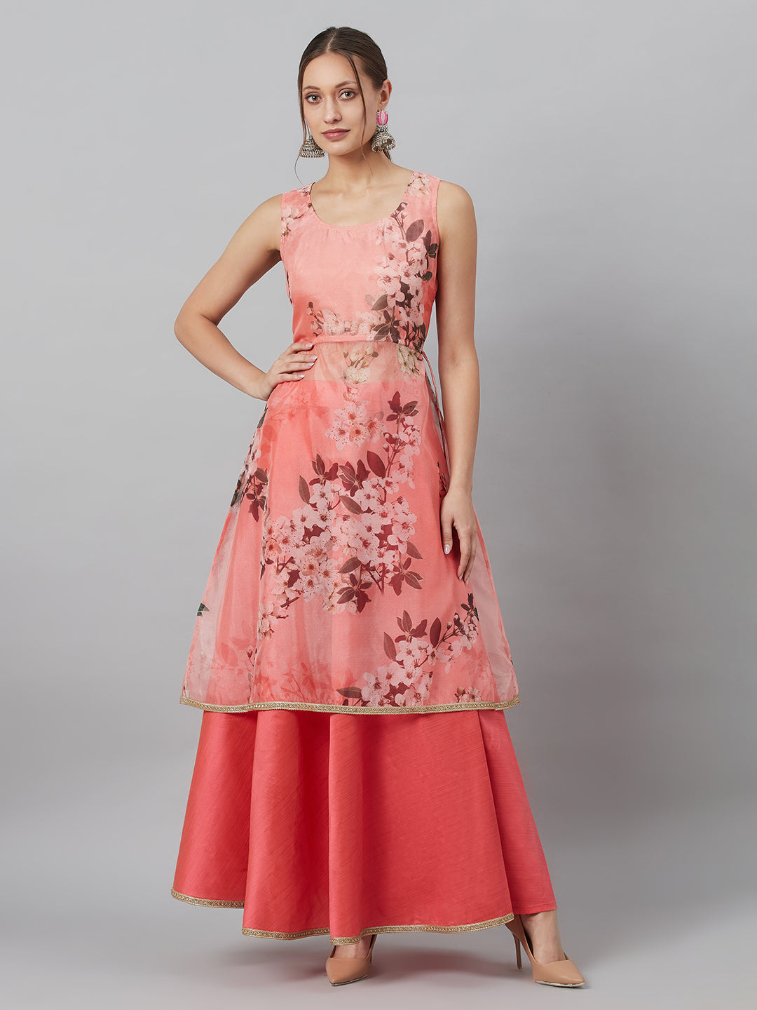 Peach Floral A-line Co Ord Set - Elganza