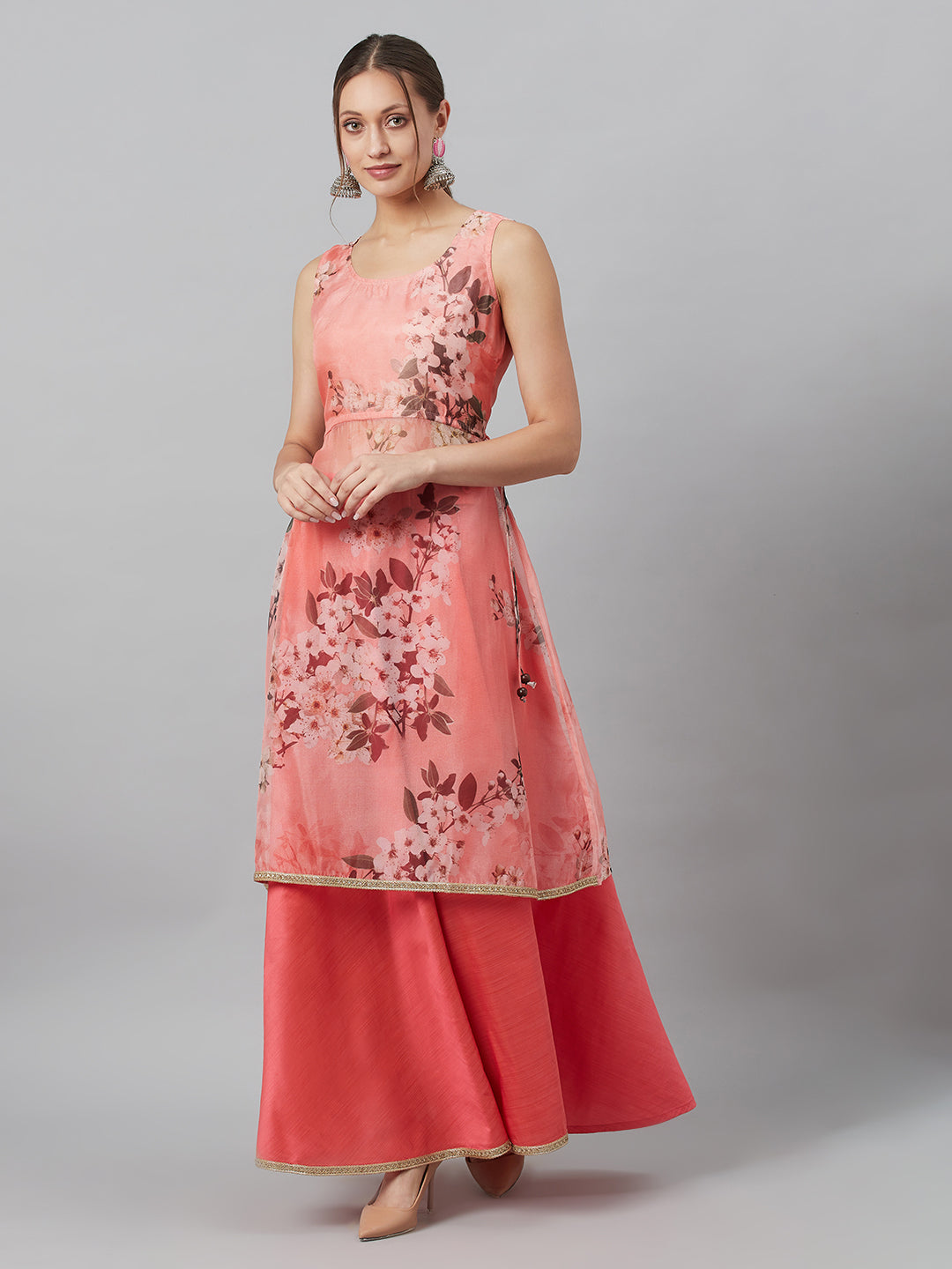Peach Floral A-line Co Ord Set - Elganza