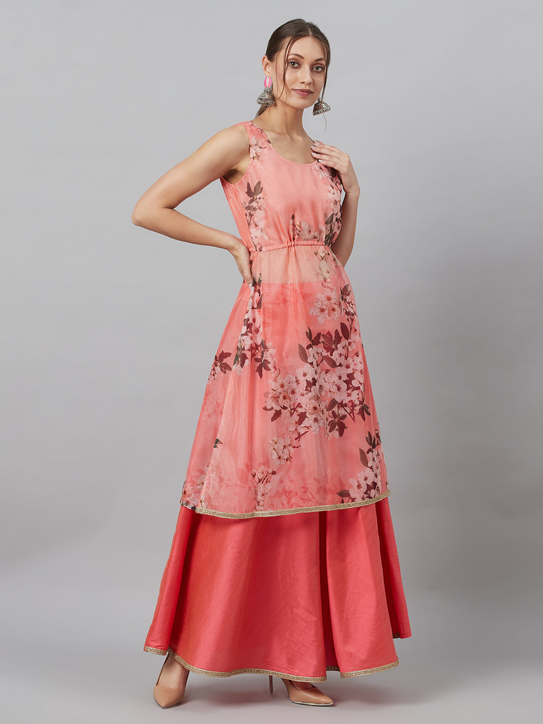 Peach Floral A-line Co Ord Set - Elganza