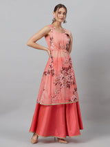 Peach Floral A-line Co Ord Set - Elganza