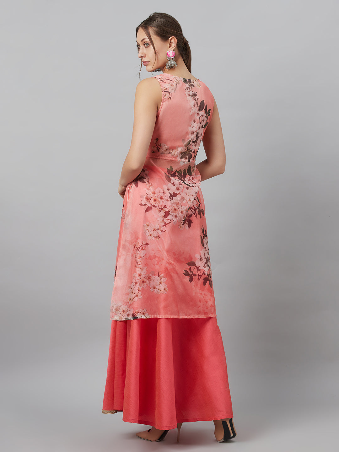 Peach Floral A-line Co Ord Set - Elganza