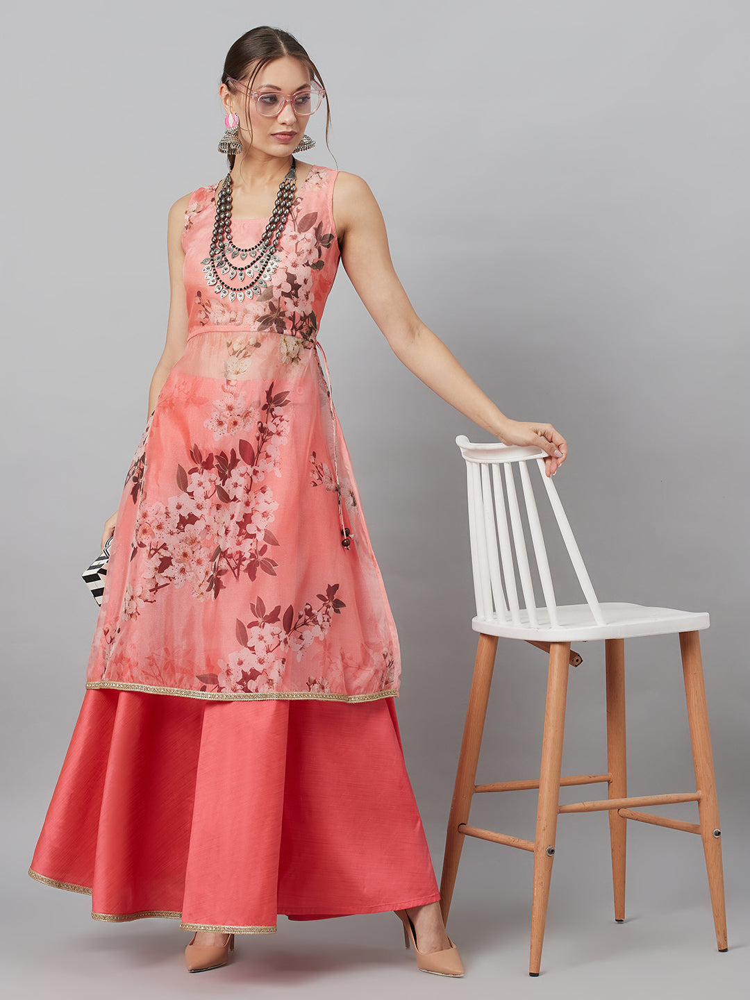 Peach Floral A-line Co Ord Set - Elganza
