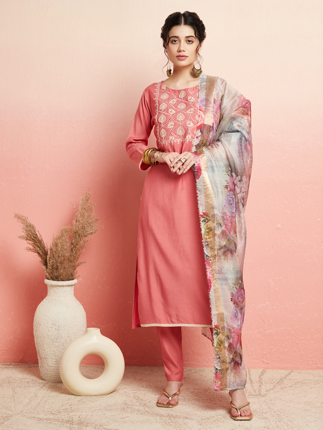 Peach Embroidered Kurta Pant With Dupatta - Elganza