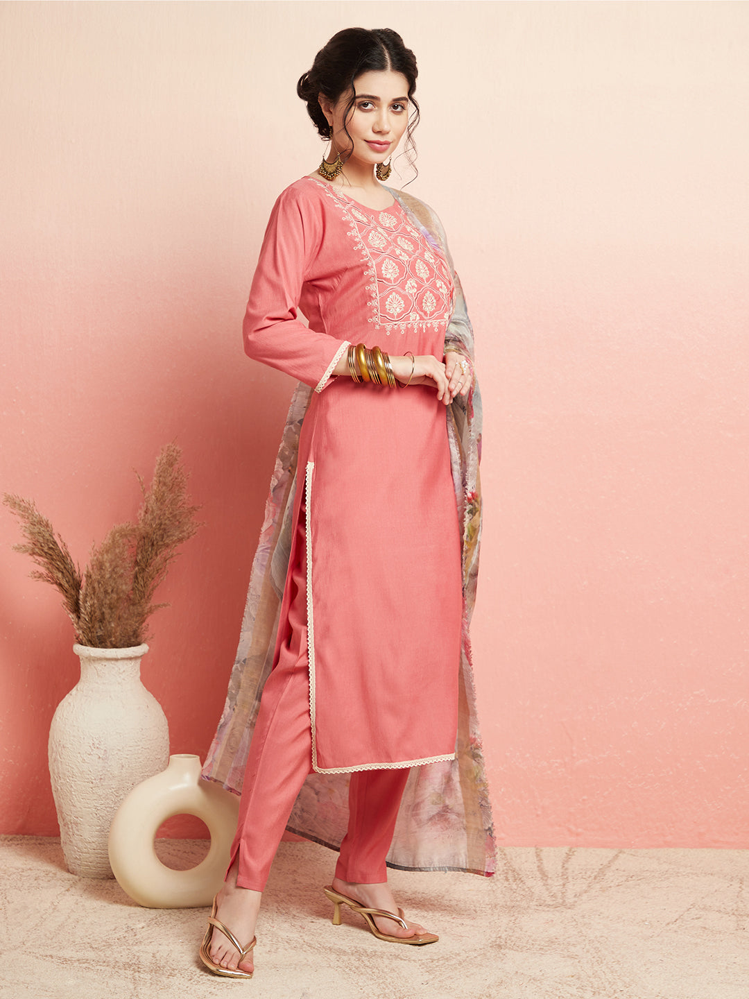 Peach Embroidered Kurta Pant With Dupatta - Elganza