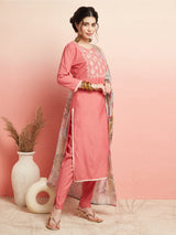 Peach Embroidered Kurta Pant With Dupatta - Elganza