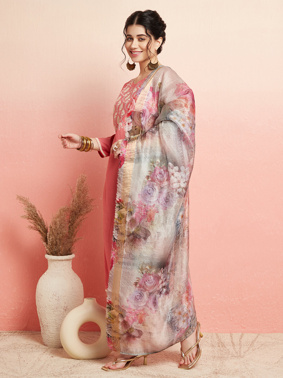 Peach Embroidered Kurta Pant With Dupatta - Elganza