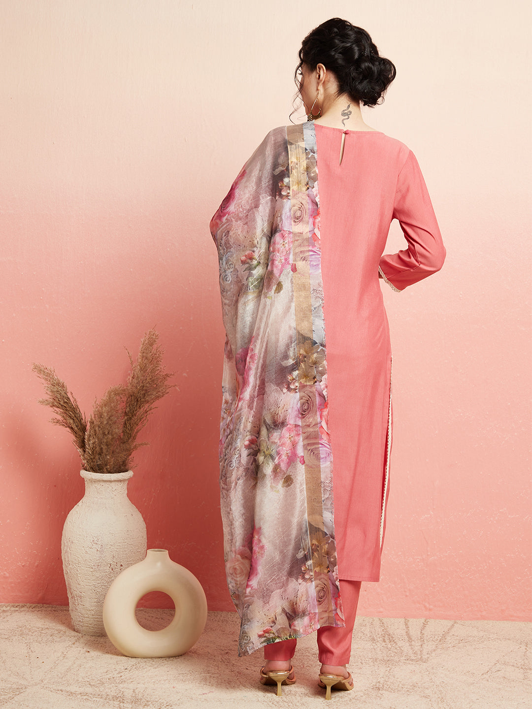 Peach Embroidered Kurta Pant With Dupatta - Elganza