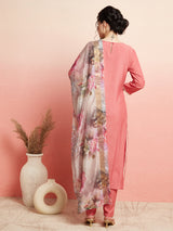 Peach Embroidered Kurta Pant With Dupatta - Elganza