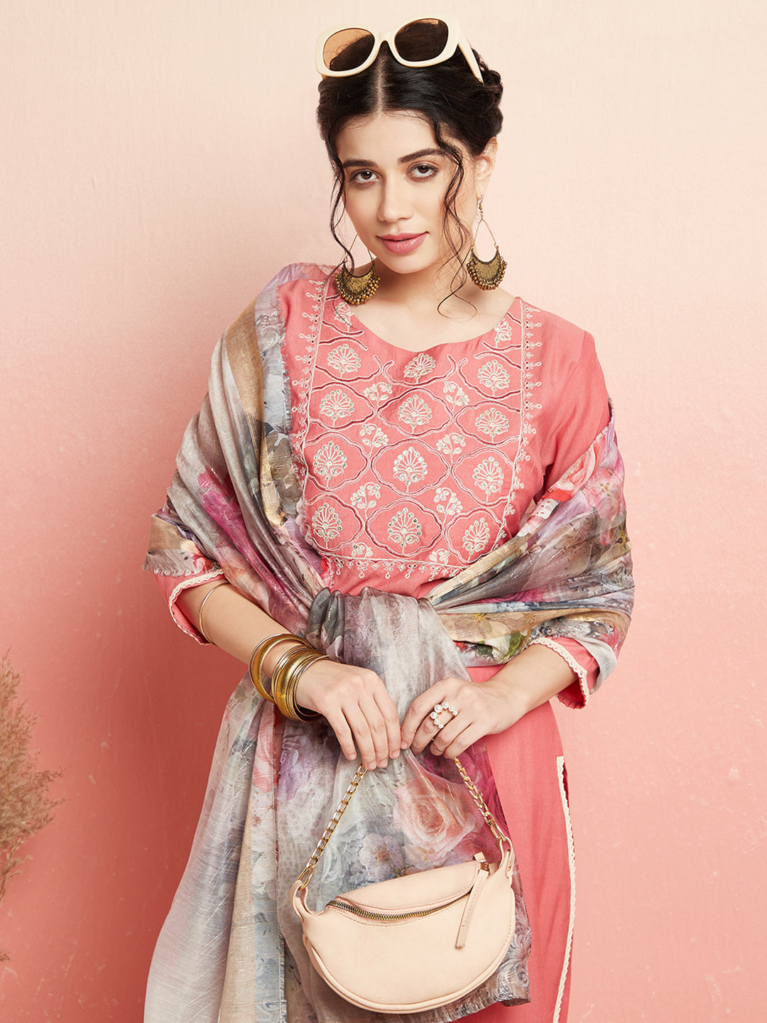 Peach Embroidered Kurta Pant With Dupatta - Elganza