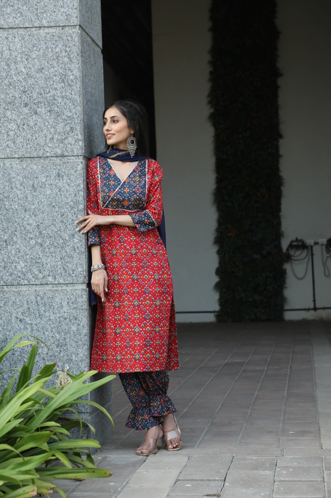 Red Patola Print Kurta Pant With Dupatta - Elganza
