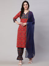 Red Patola Print Kurta Pant With Dupatta - Elganza