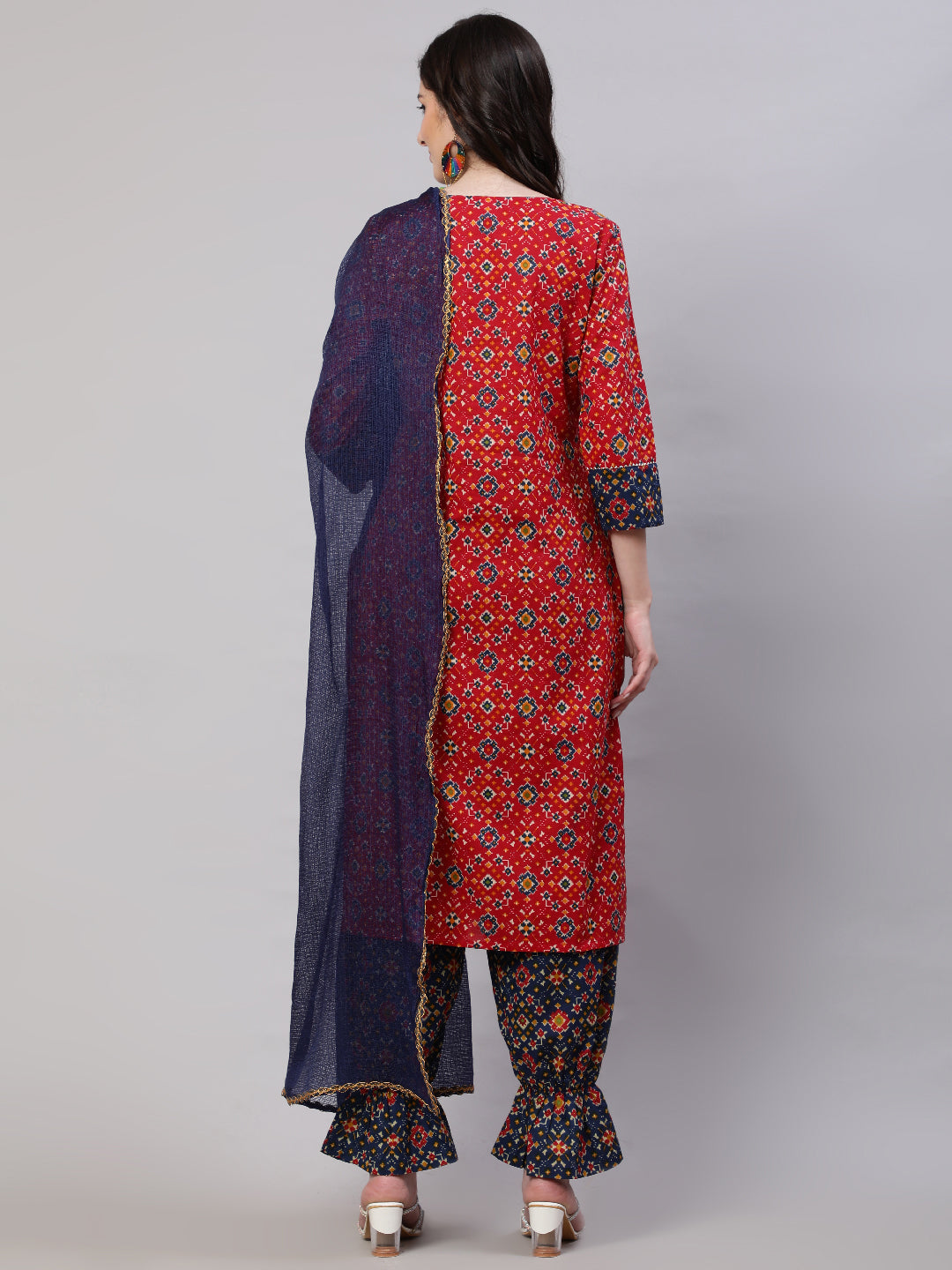 Red Patola Print Kurta Pant With Dupatta - Elganza