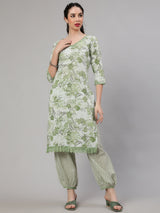 Green Floral Print Kurta With Palazzo - Elganza