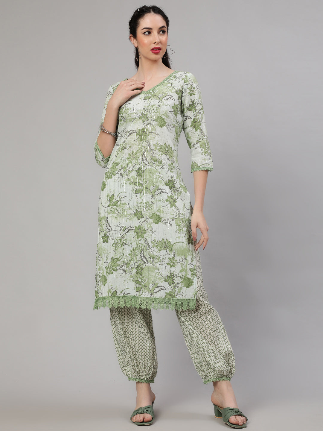 Green Floral Print Kurta With Palazzo - Elganza