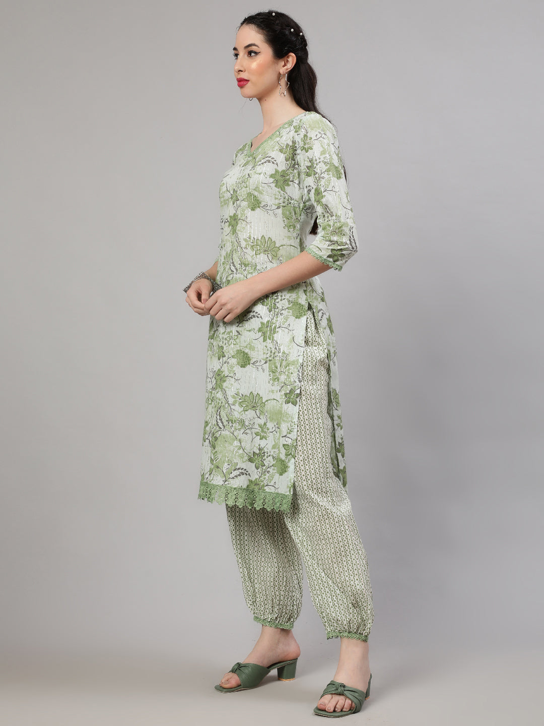 Green Floral Print Kurta With Palazzo - Elganza