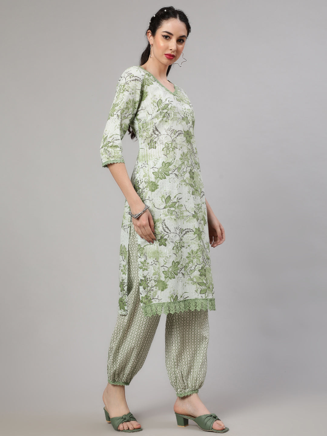 Green Floral Print Kurta With Palazzo - Elganza