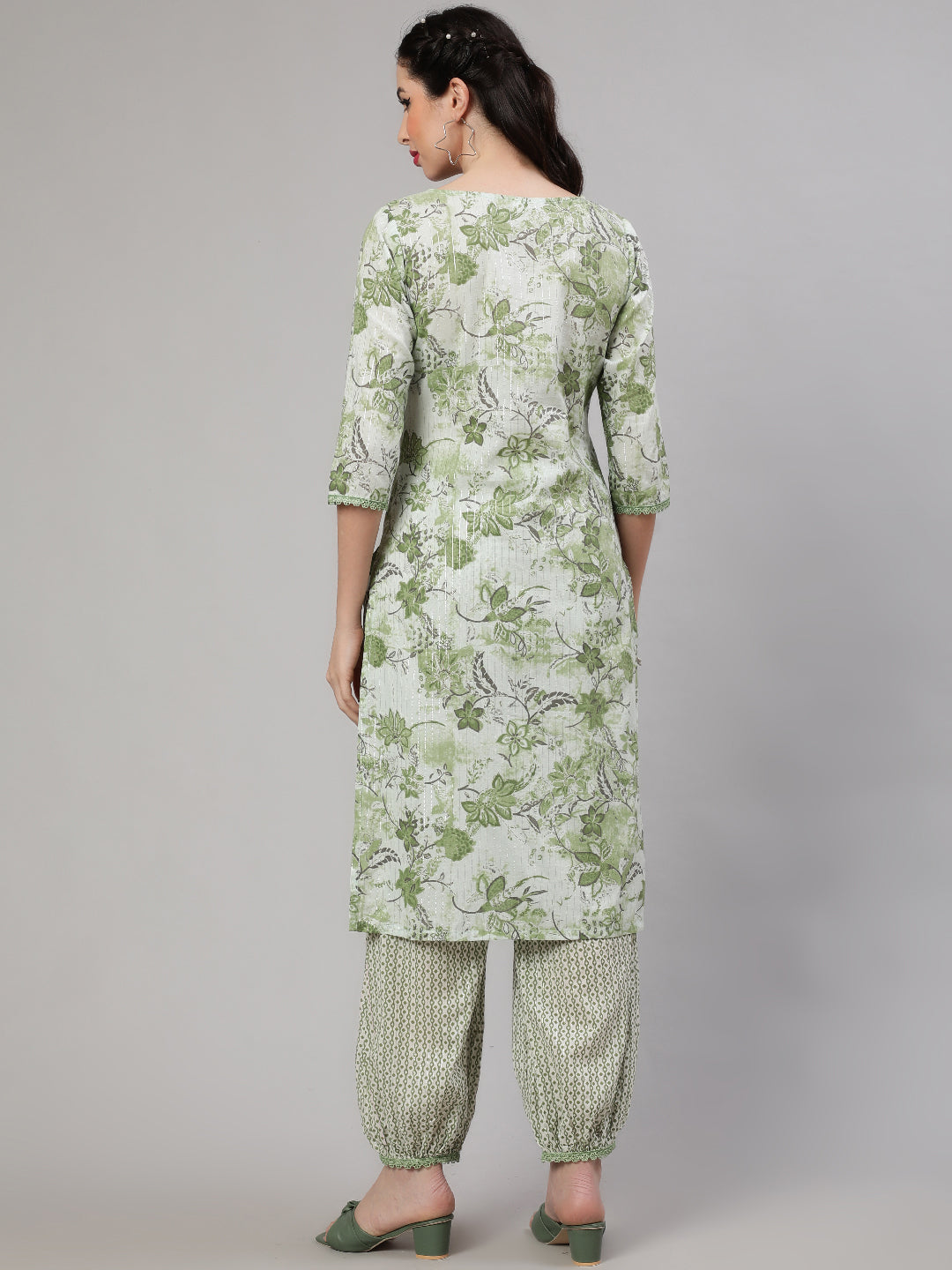 Green Floral Print Kurta With Palazzo - Elganza