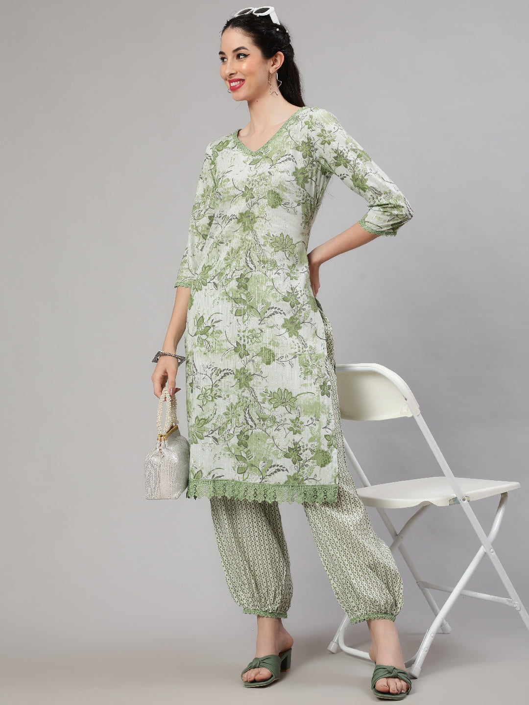 Green Floral Print Kurta With Palazzo - Elganza