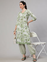 Green Floral Print Kurta With Palazzo - Elganza