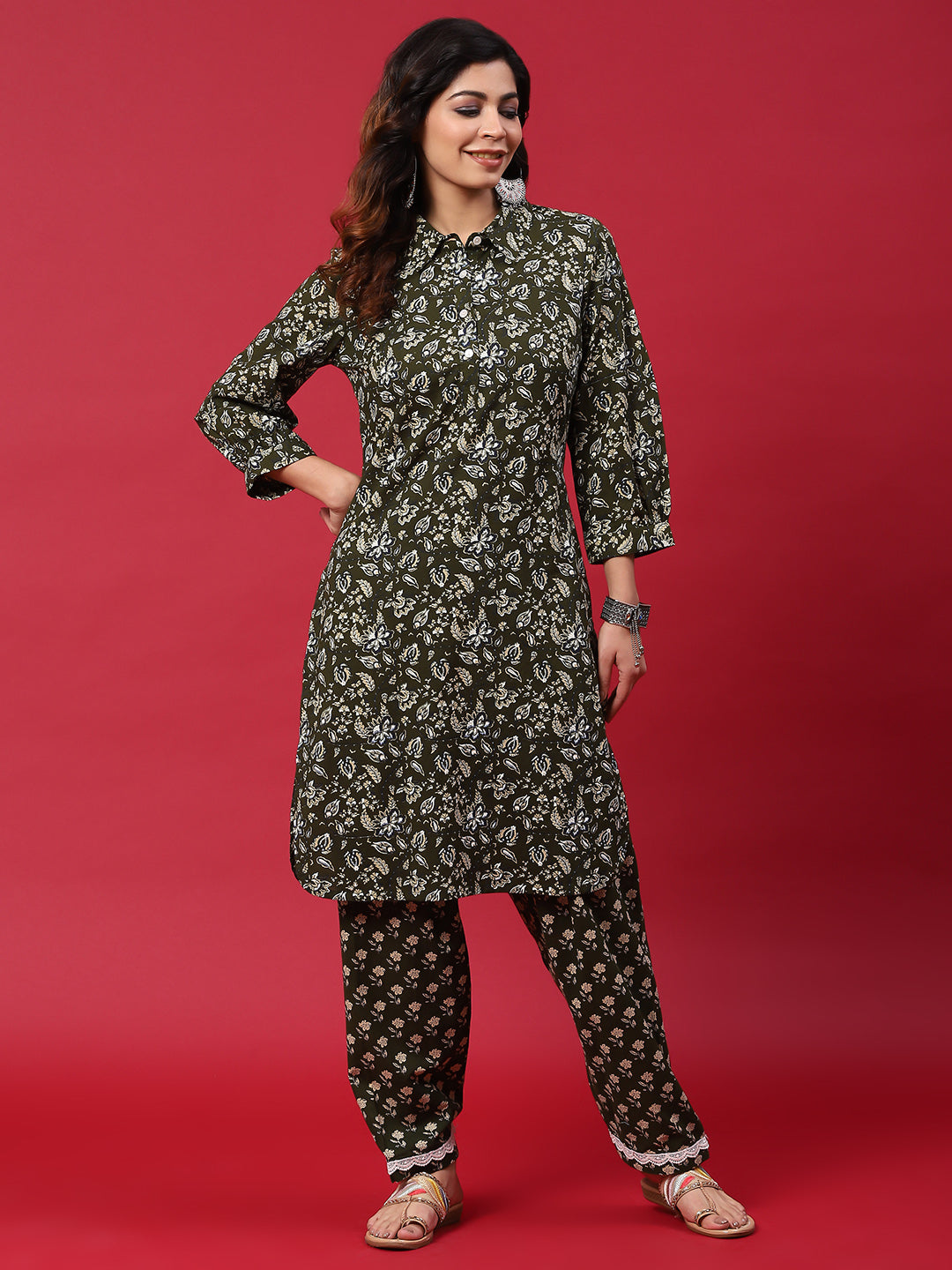 Green Floral Print Pakistani Kurta With Salwar - Elganza
