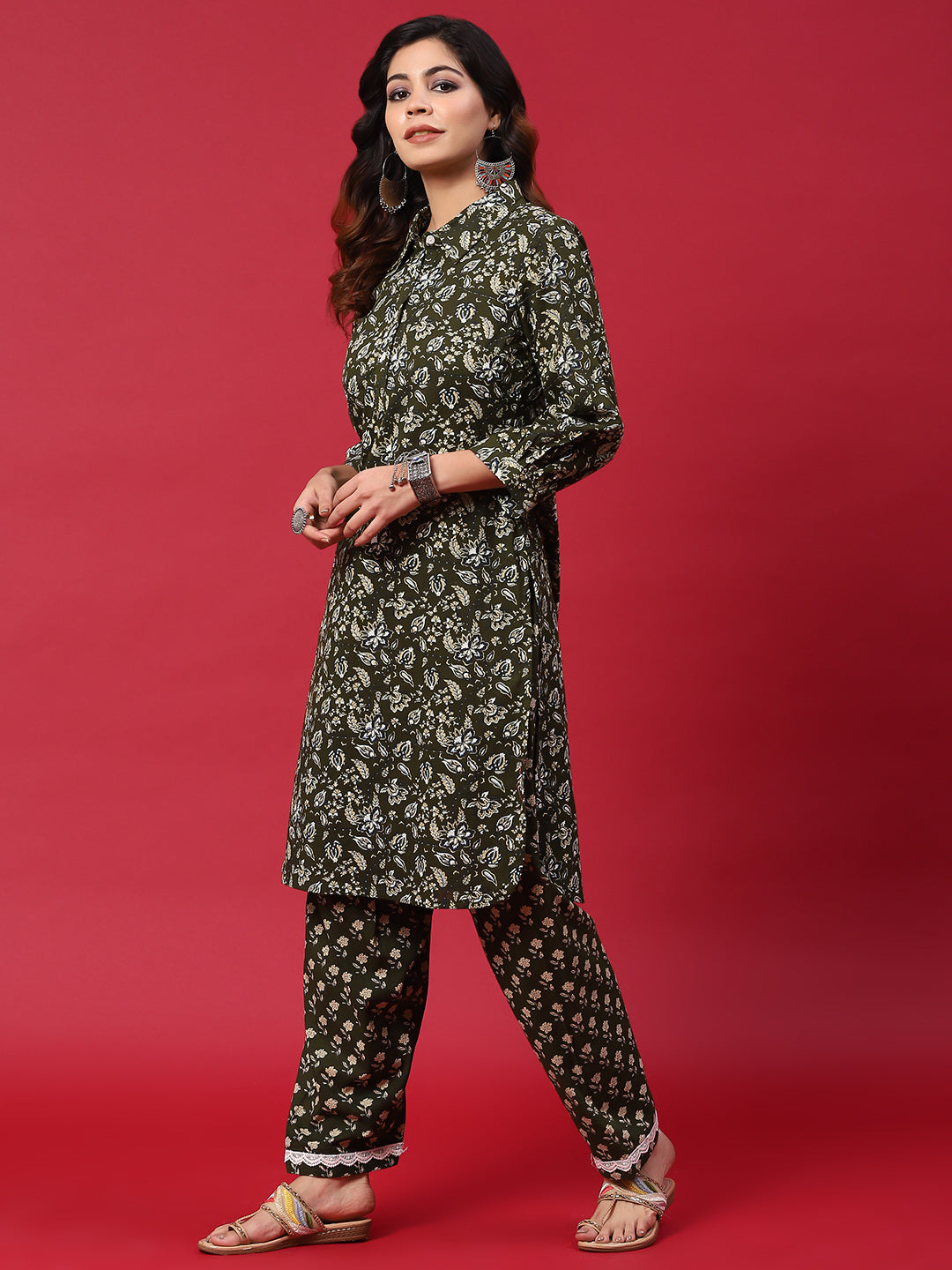Green Floral Print Pakistani Kurta With Salwar - Elganza