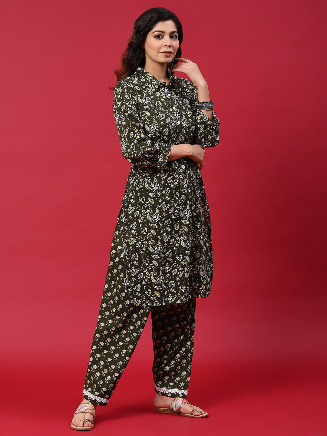 Green Floral Print Pakistani Kurta With Salwar - Elganza