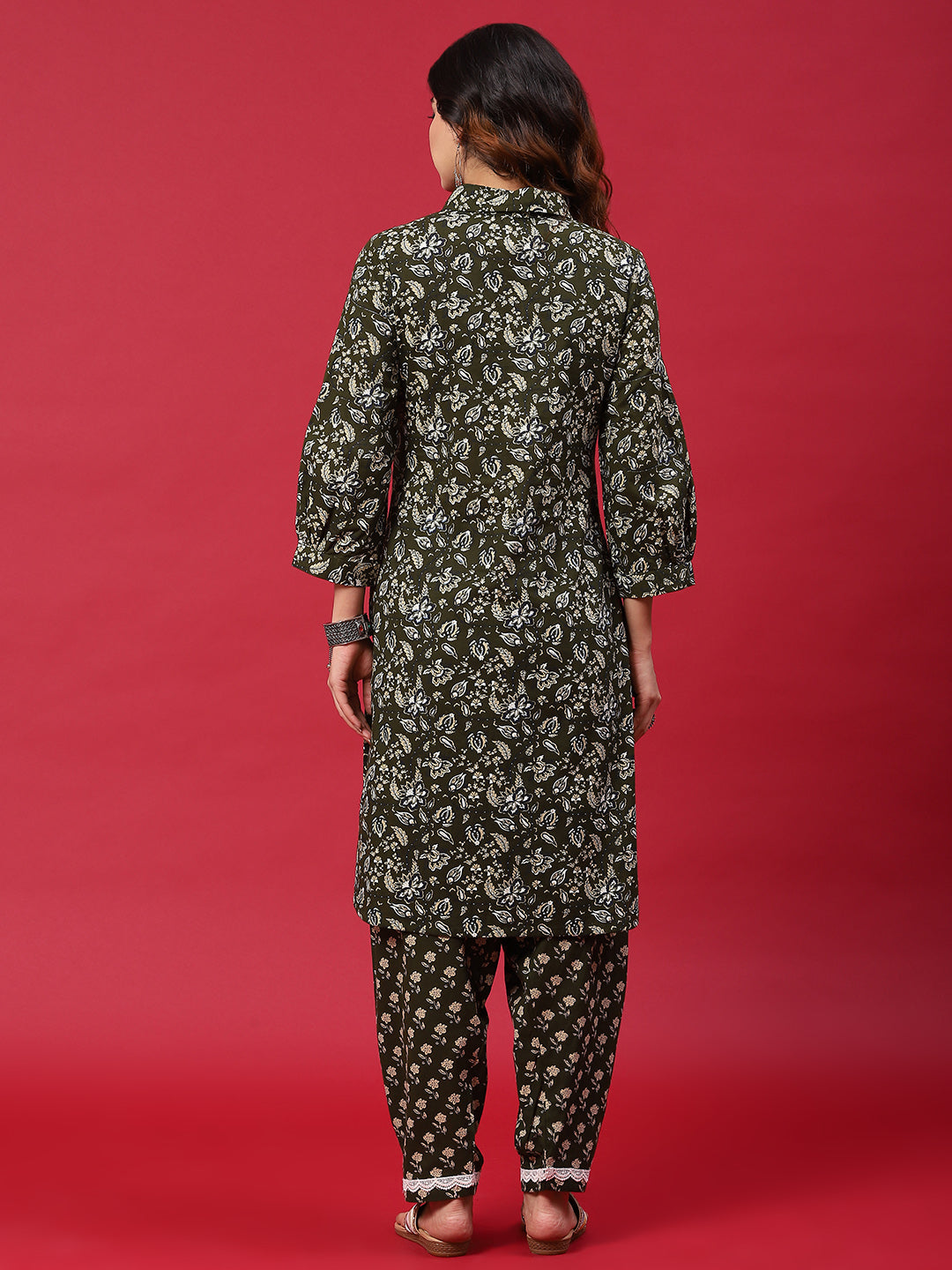 Green Floral Print Pakistani Kurta With Salwar - Elganza