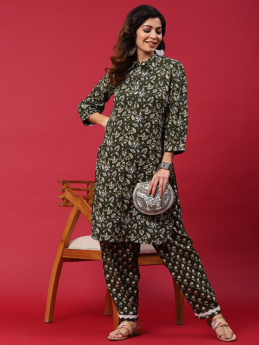 Green Floral Print Pakistani Kurta With Salwar - Elganza
