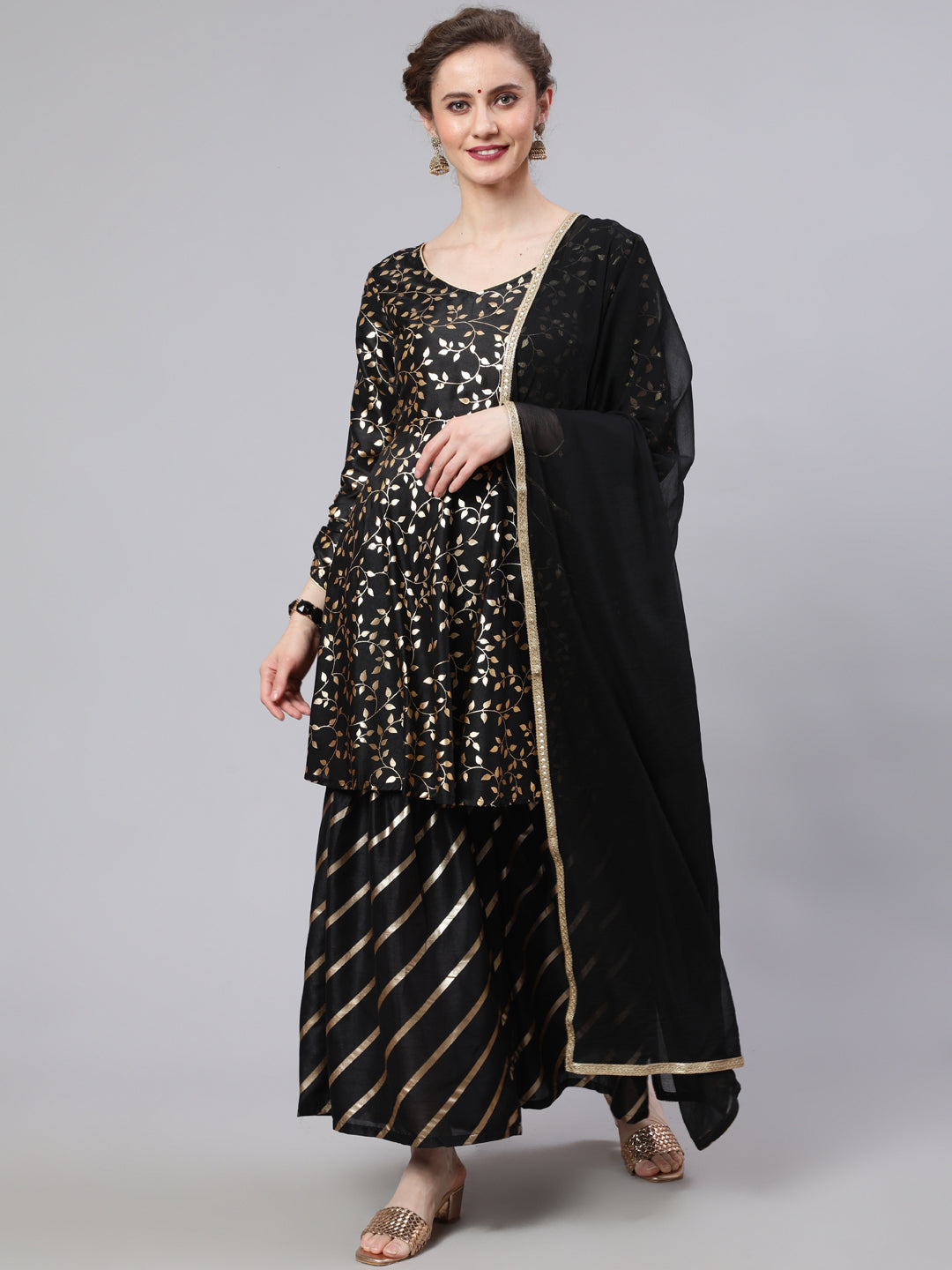 Black Foil Print Kurta Sharara With Dupatta - Elganza