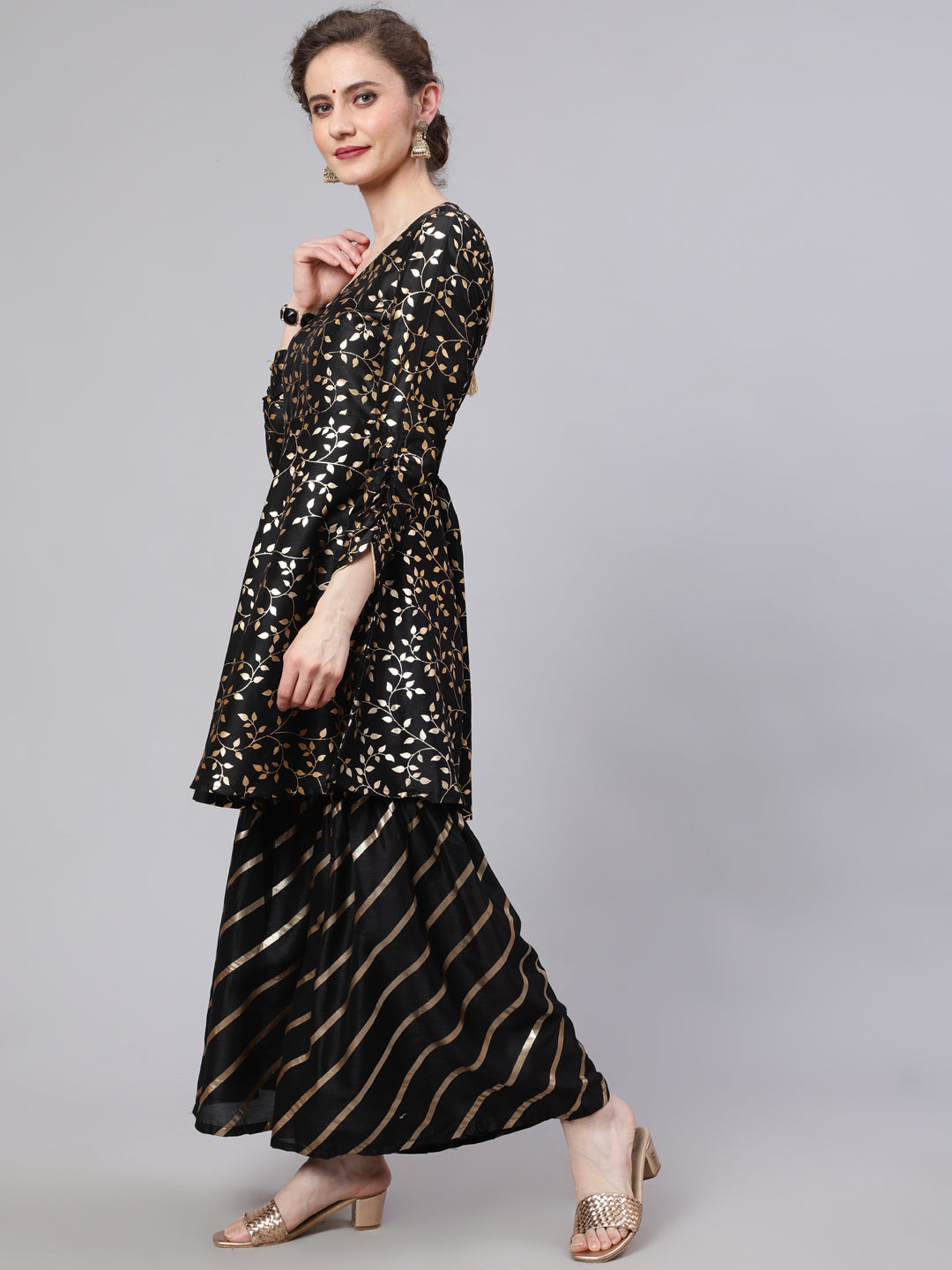 Black Foil Print Kurta Sharara With Dupatta - Elganza