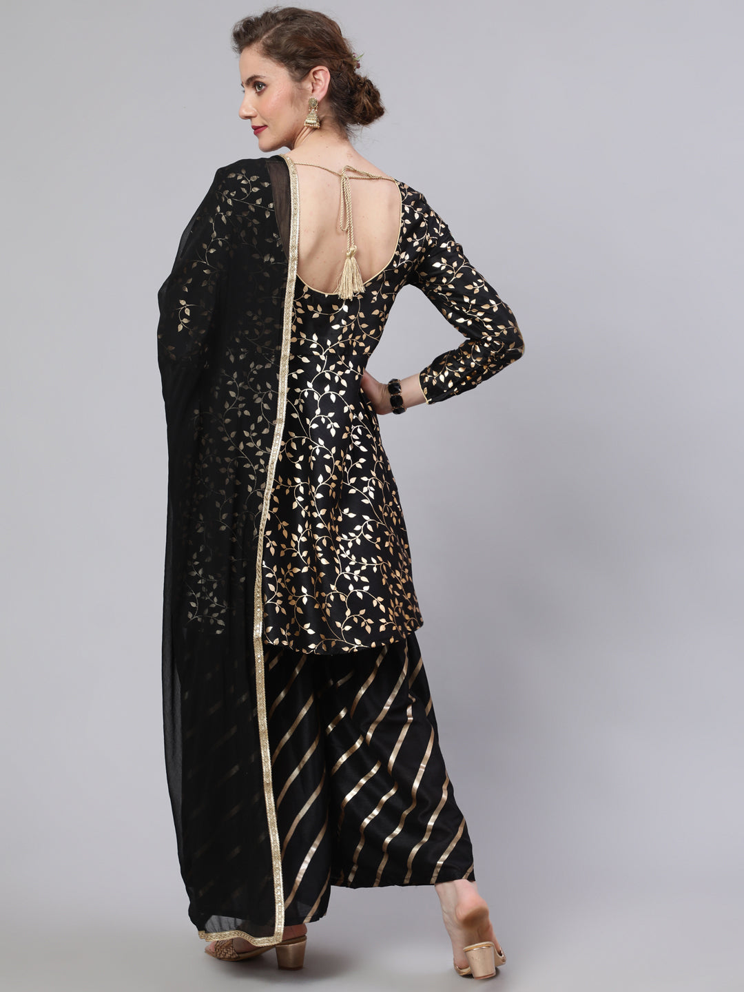 Black Foil Print Kurta Sharara With Dupatta - Elganza