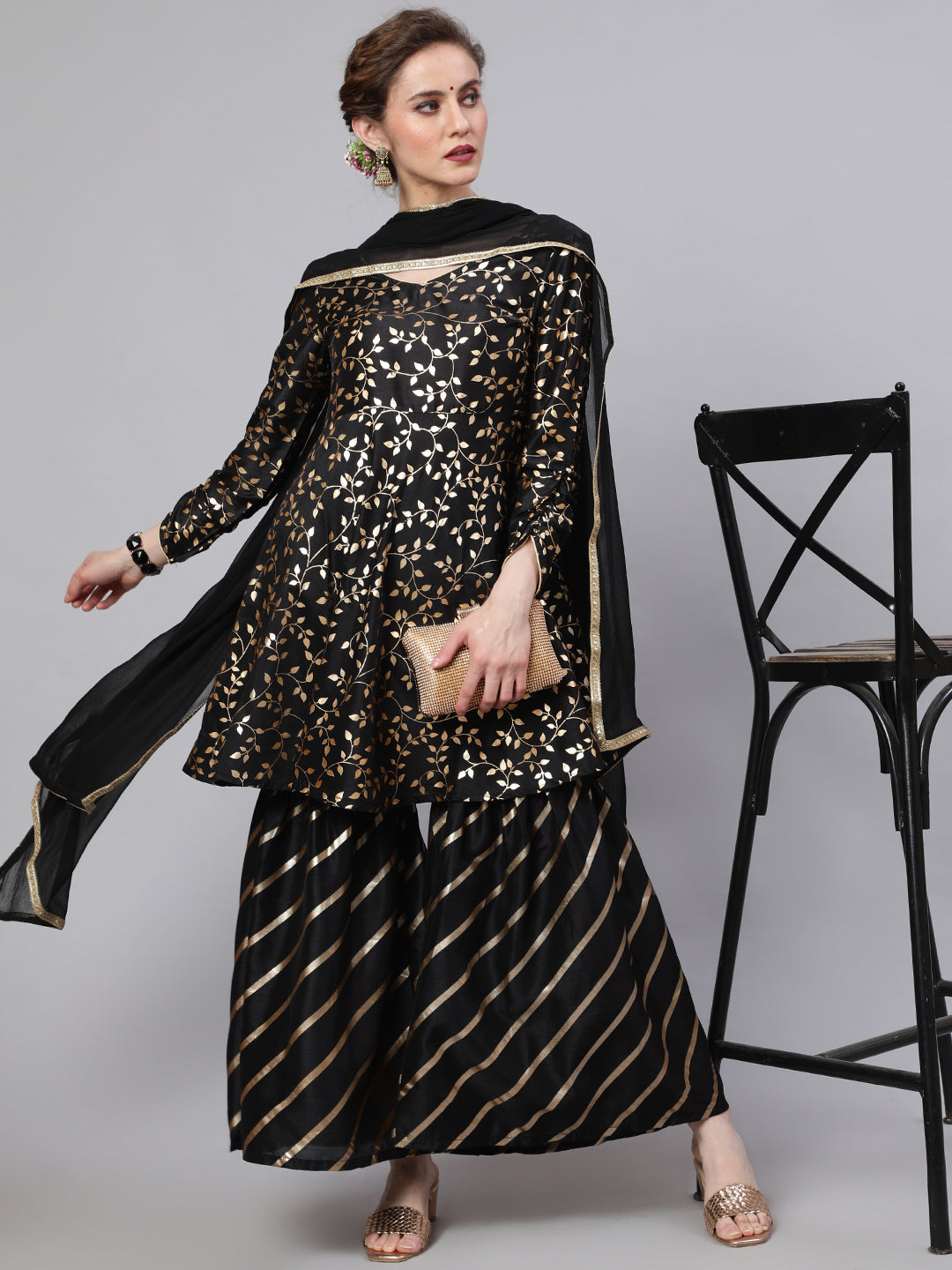 Black Foil Print Kurta Sharara With Dupatta - Elganza